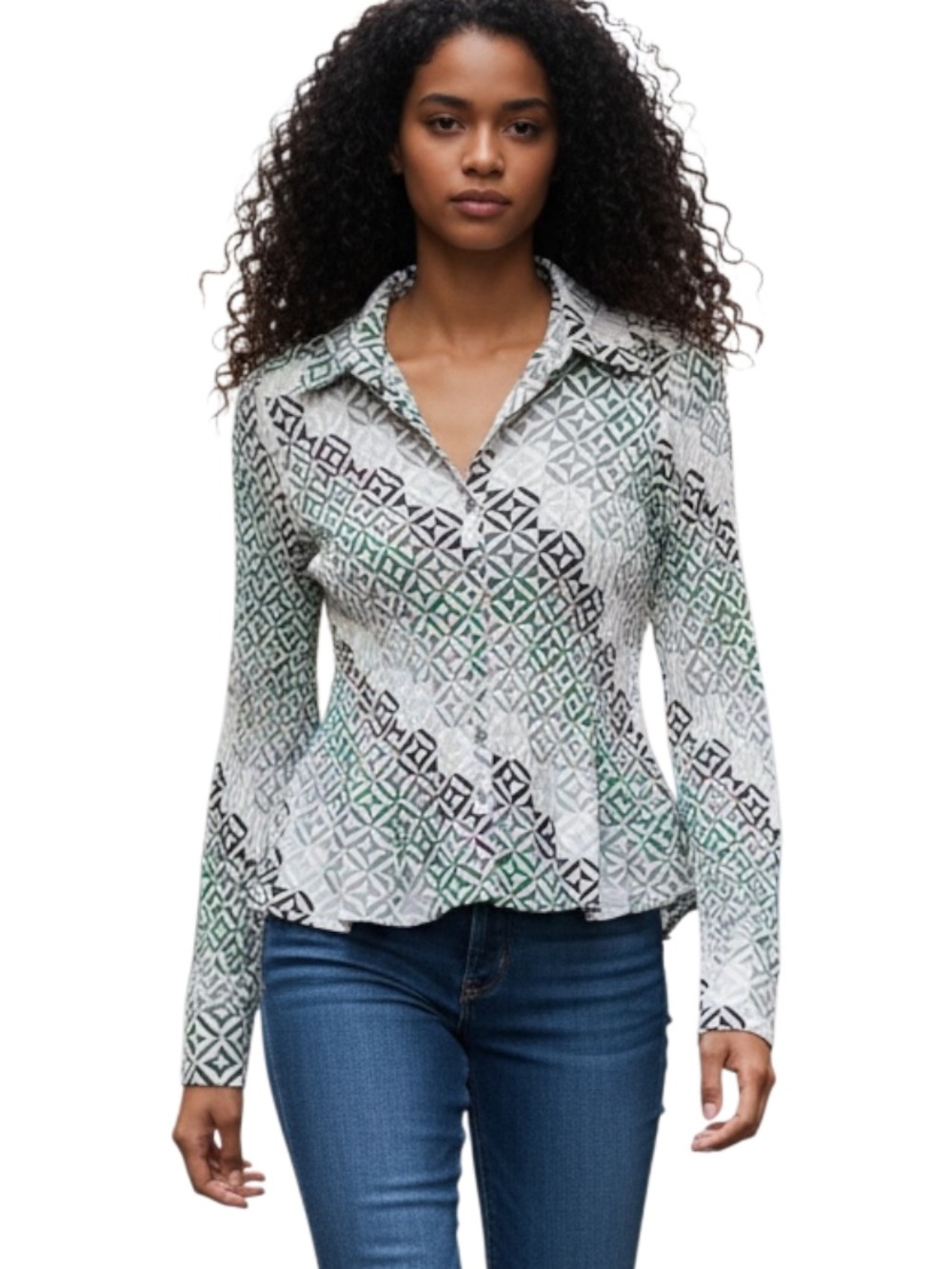 Sunny Leigh Geometric Button-Down Shirt in White, Green and Black